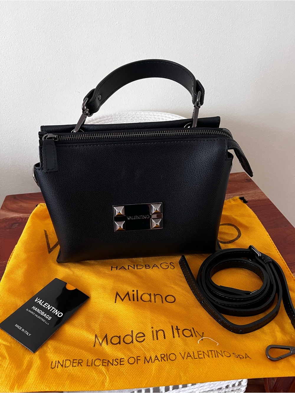 Valentino by Mario Valentino Black Leather Top Handle Crossbody Bag| Made in Ita